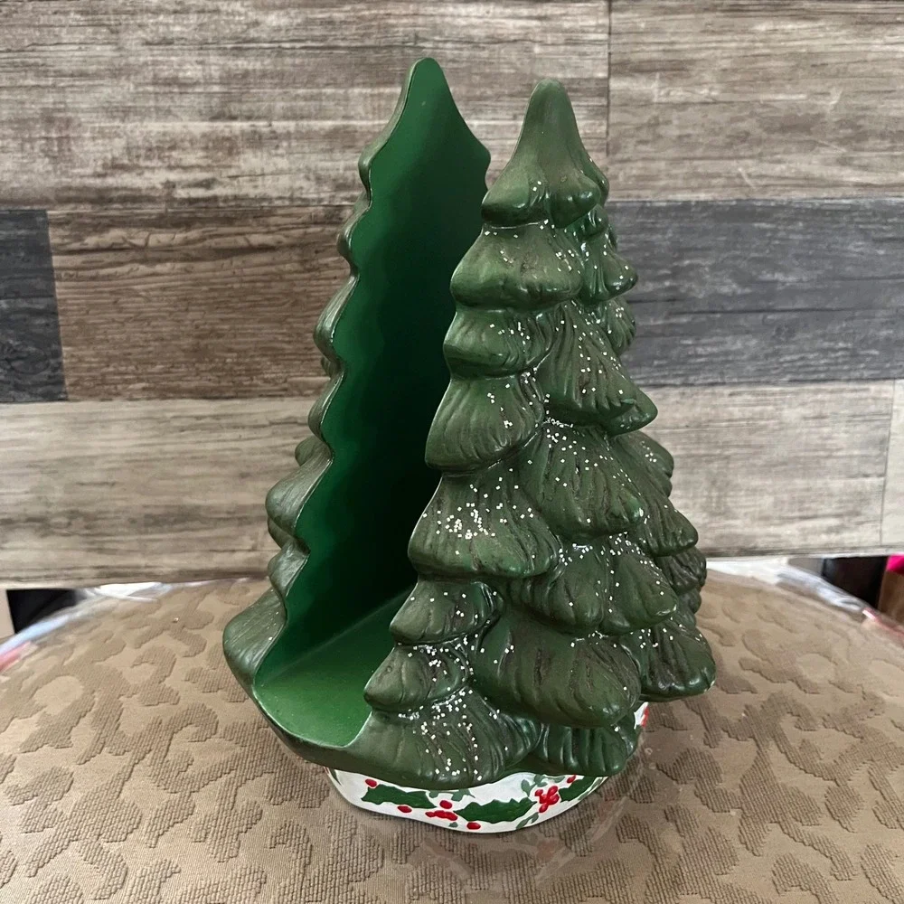 Vintage Holland Mold Ceramic Christmas Tree Napkin Holder Green Holly Berry 9in